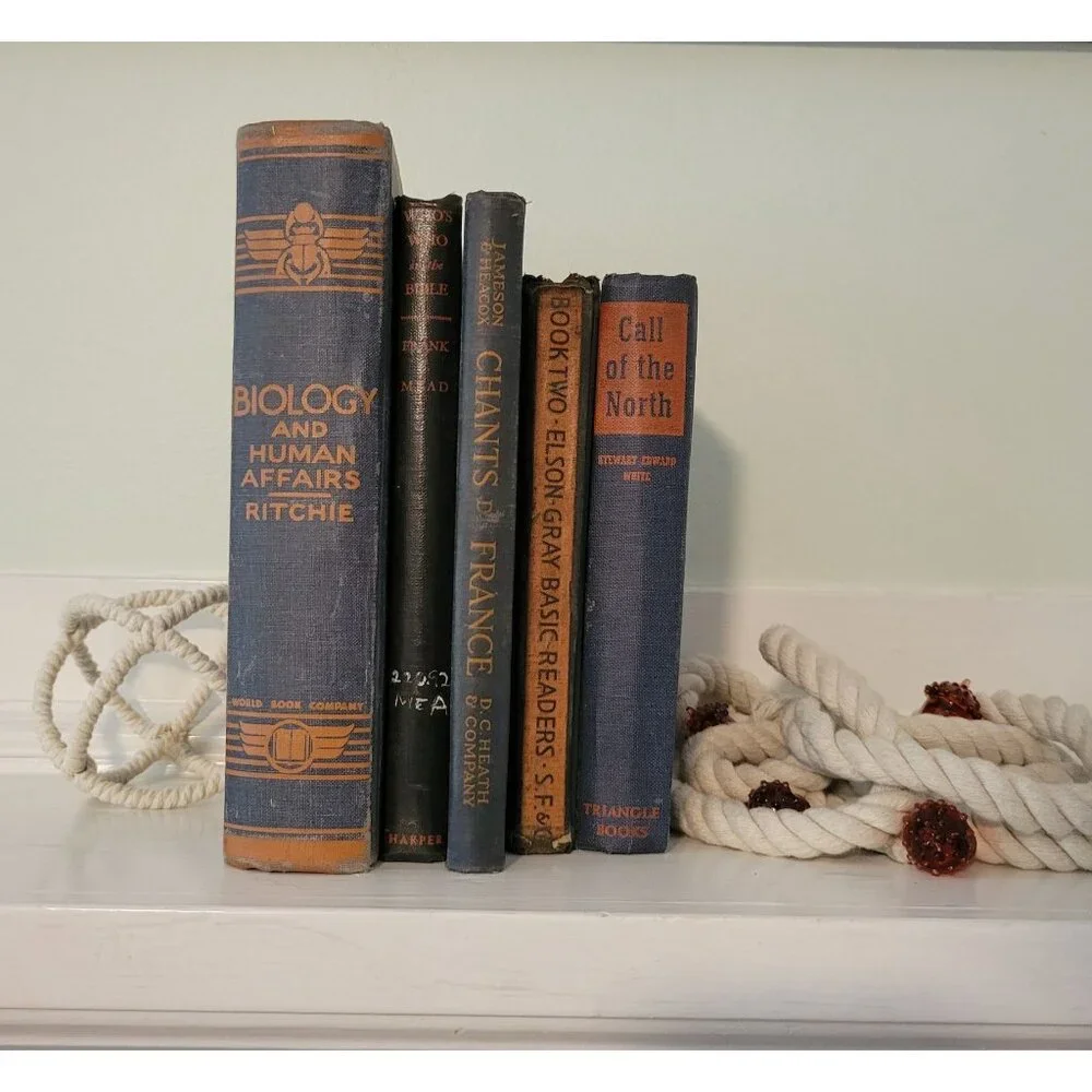 5 Blue Red Vintage Book Set Lot Staging Decor Retro Prop Shelf Mantle Centerpiec